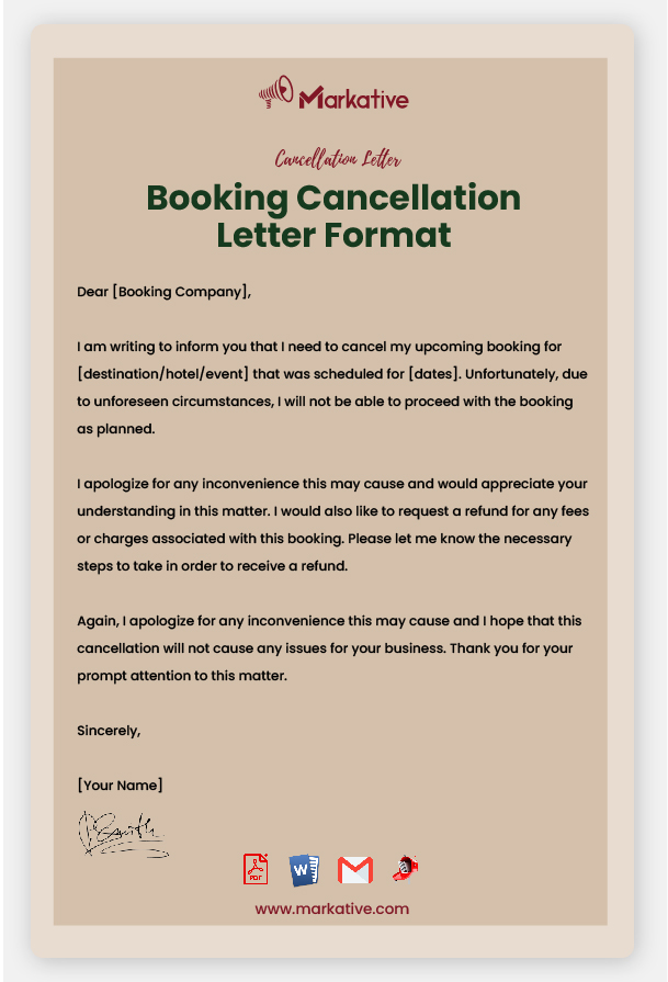Booking Cancellation Letter Format