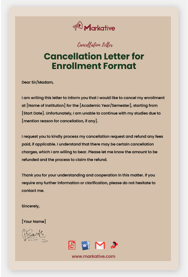 Cancellation Letter for Enrollment Format