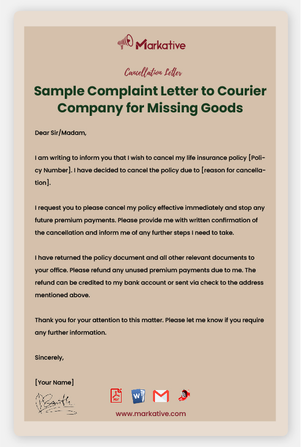 Complaint Letter to Courier Company for Missing Goods Template
