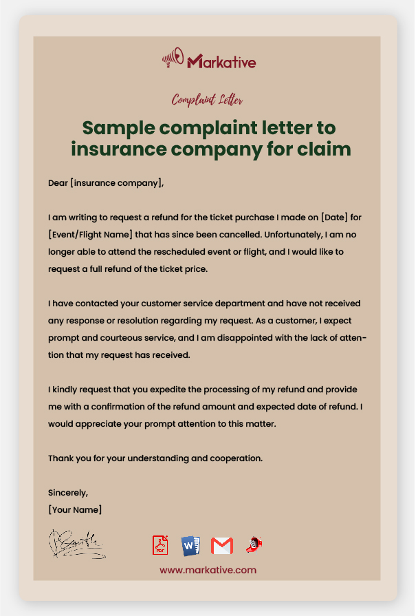 Complaint Letter to Insurance Company For Claim Template