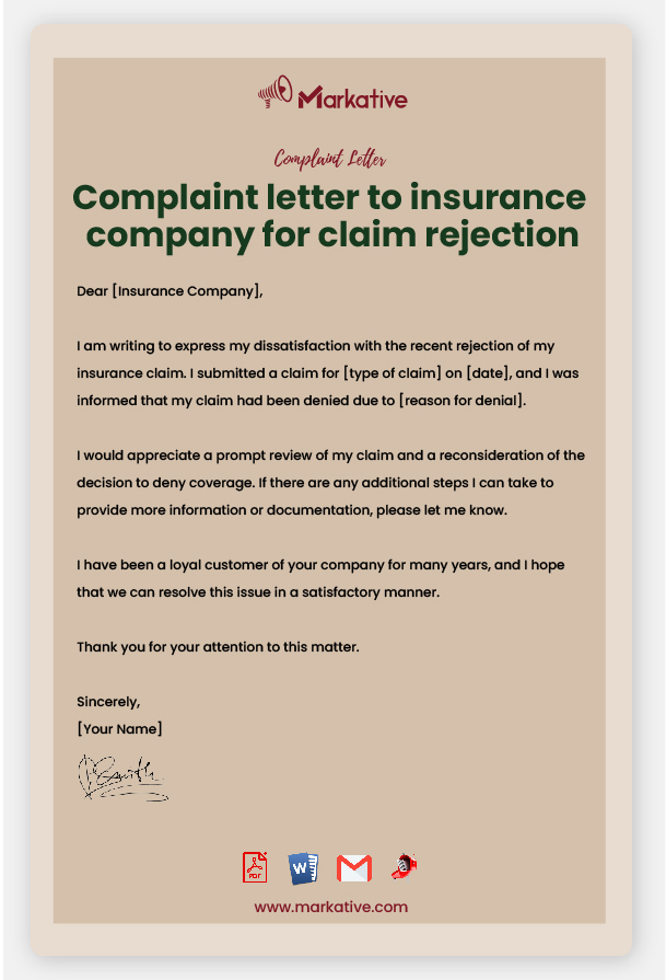 EXAMPLE Complaint Letter to Insurance Company for Claim Rejection