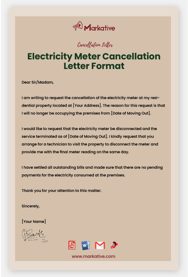 Electricity Meter Cancellation Letter Format