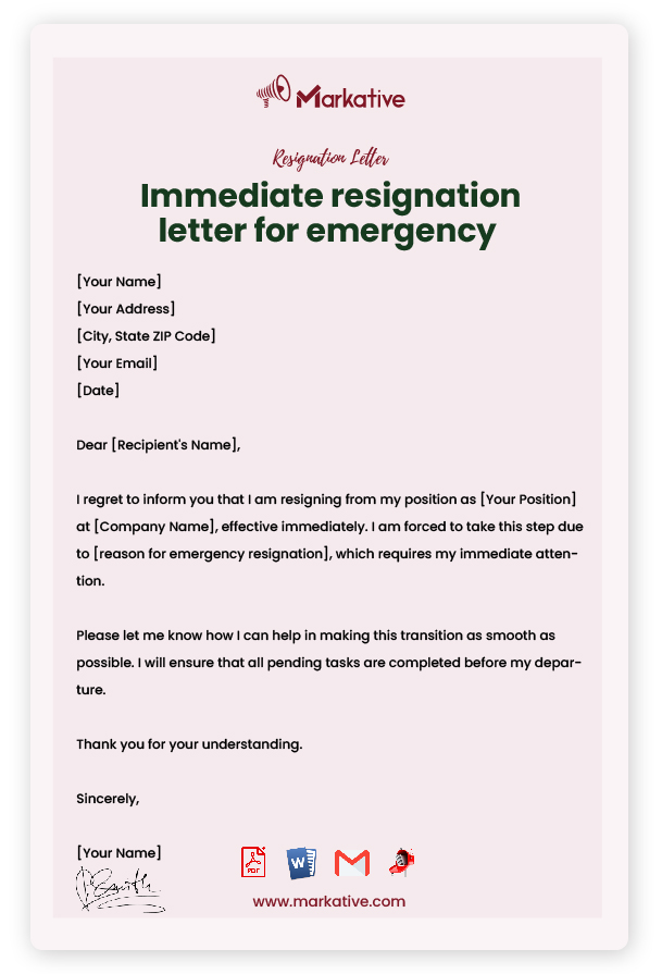 Emergency Resignation Letter with Notice Period