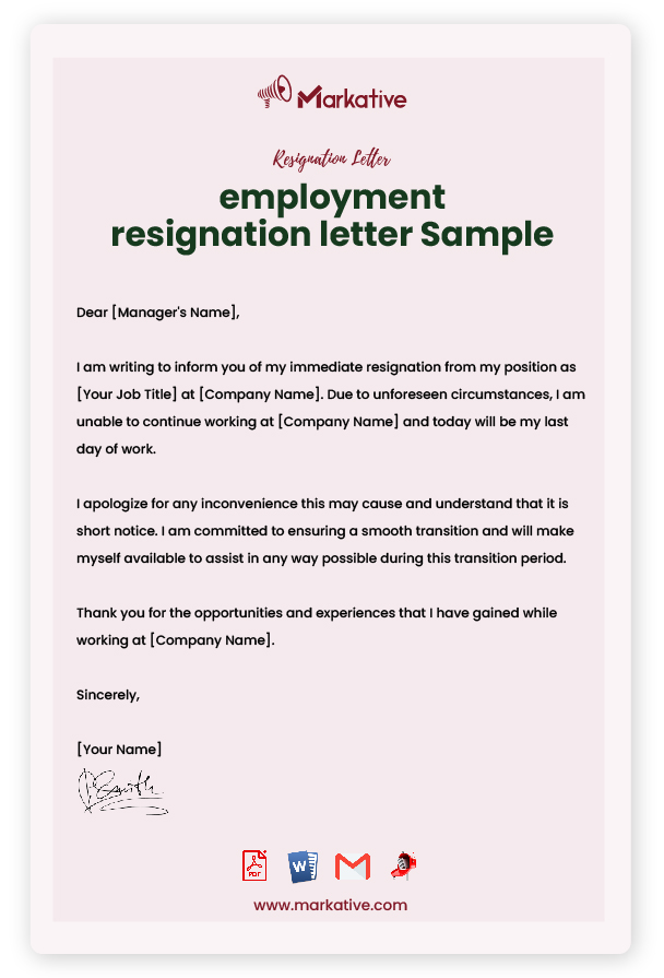 Employment Resignation Letter with Reason