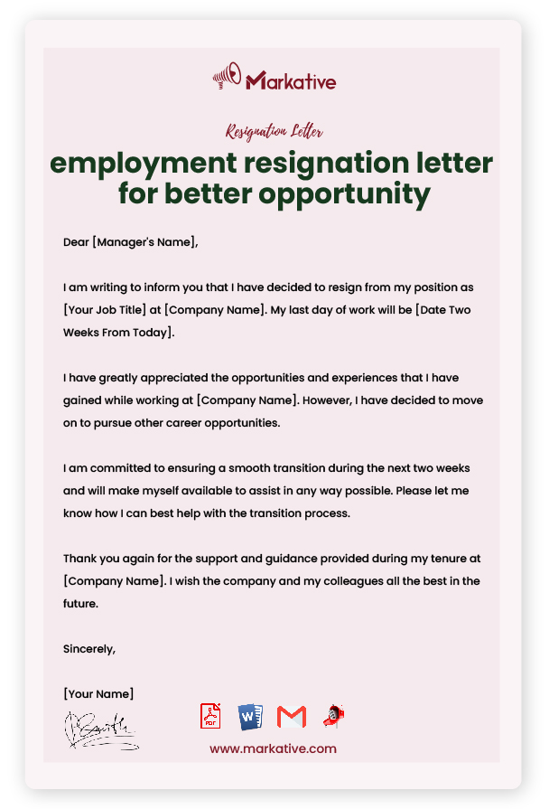 Employment Resignation Letter without Notice Period