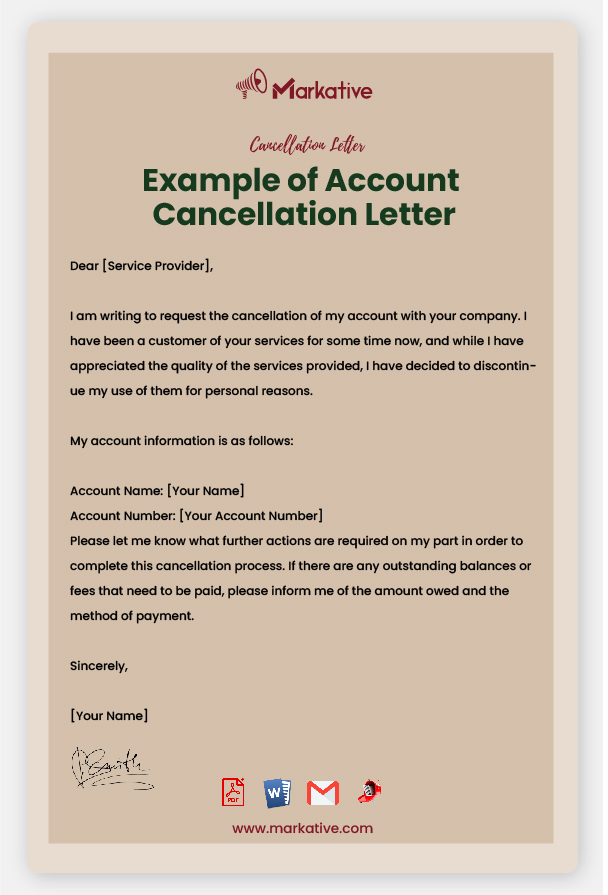 Example of Account Cancellation Letter