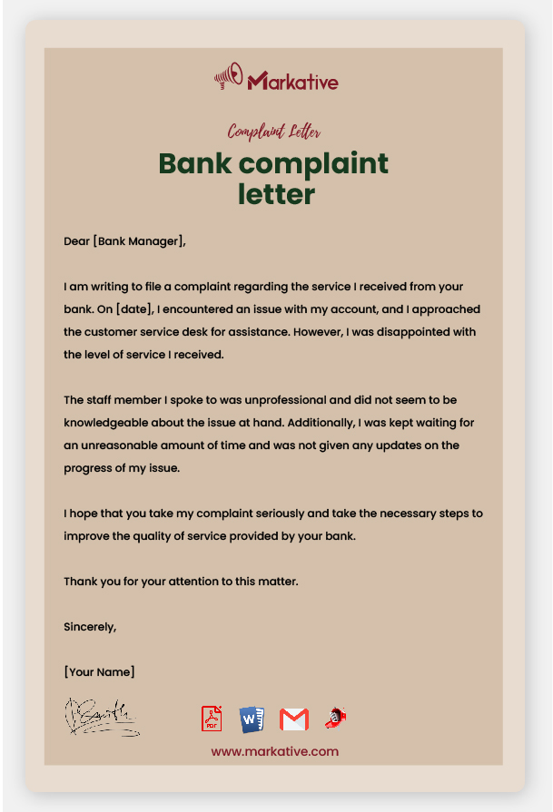 Example of Bank Complaint Letter