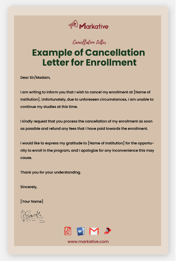 Example of Cancellation Letter for Enrollment