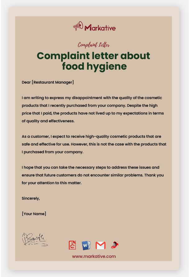Example of Complaint Letter About Food Hygiene