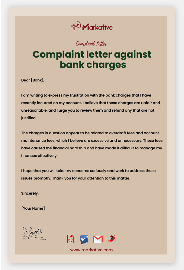 Example of Complaint Letter Against Bank Charges