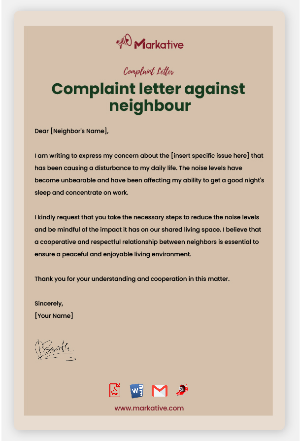 Example of Complaint Letter Against Neighbour