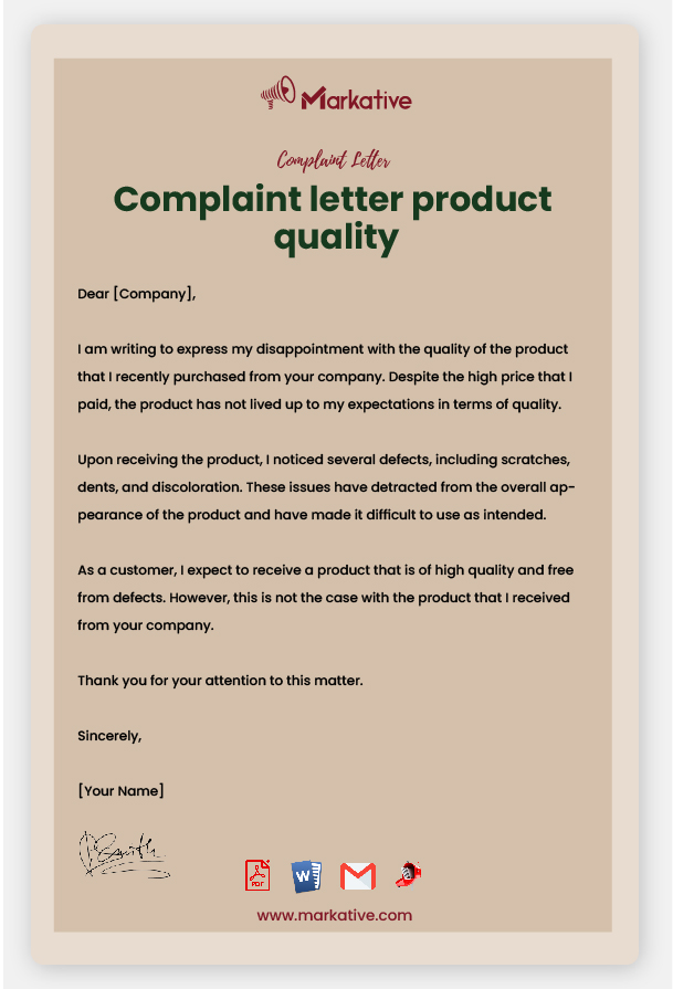 Example of Complaint Letter Product Quality