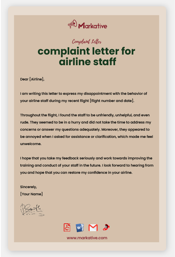 Example of Complaint Letter for Airline Staff
