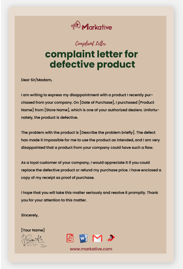 Example of Complaint Letter for Defective Product