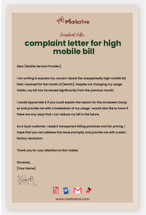 Example of Complaint Letter for High Mobile Bill