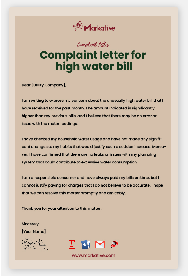 Example of Complaint Letter for High Water Bill