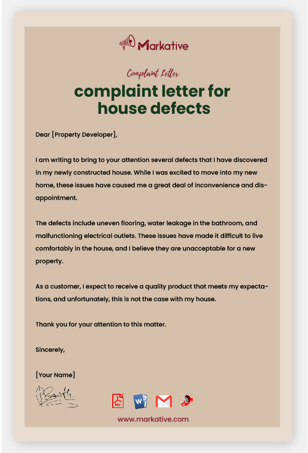 Example of Complaint Letter for House Defects