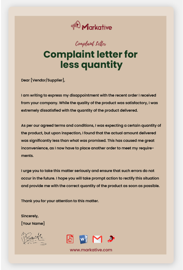 Example of Complaint Letter for Less Quantity