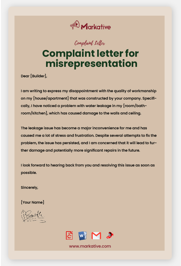 Example of Complaint Letter for Misrepresentation