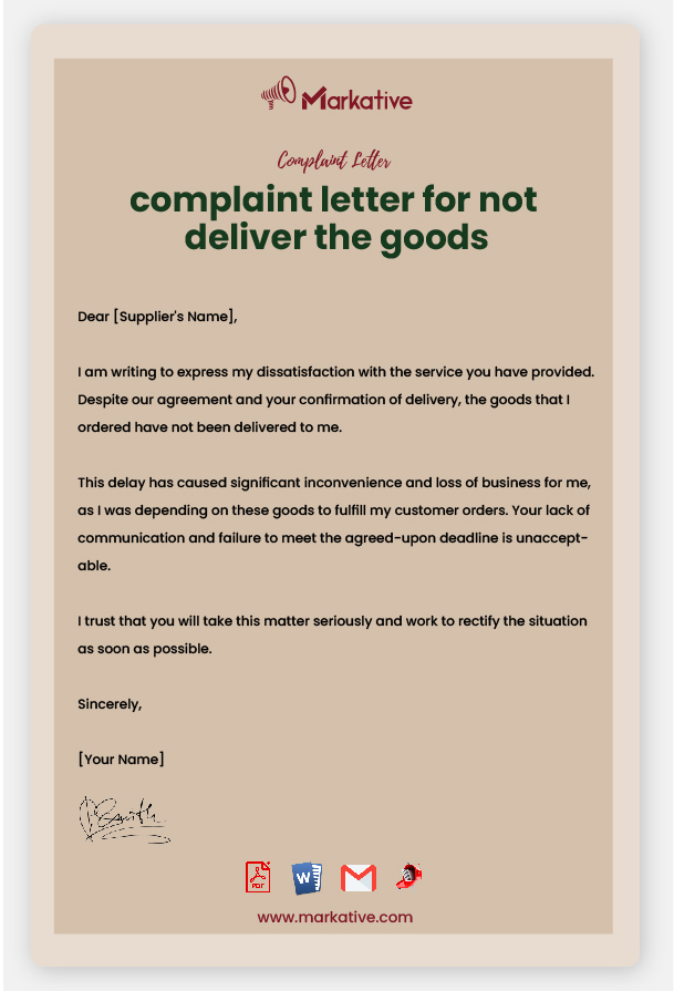 Example of Complaint Letter for Not Deliver the Goods