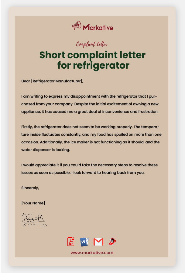 Example of Complaint Letter for Refrigerator