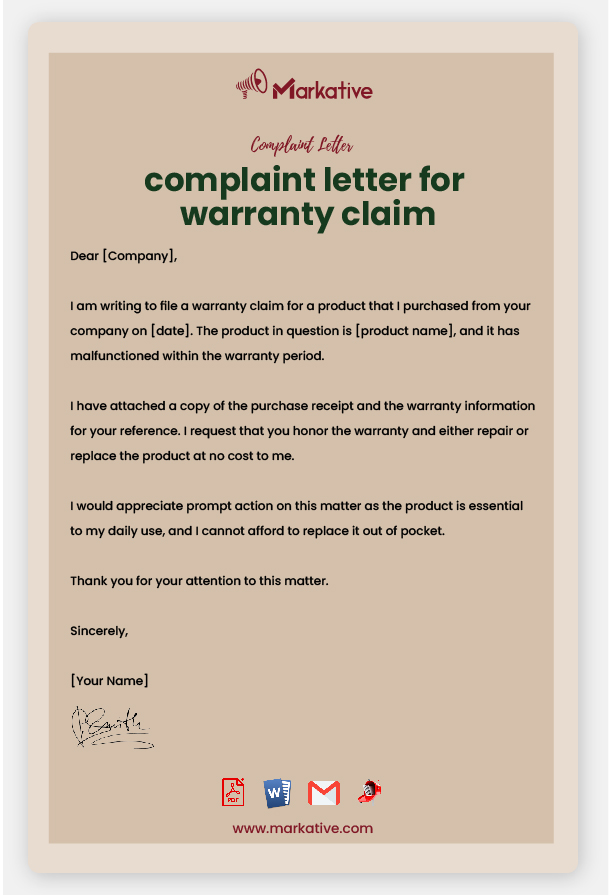 Example of Complaint Letter for Warranty Claim