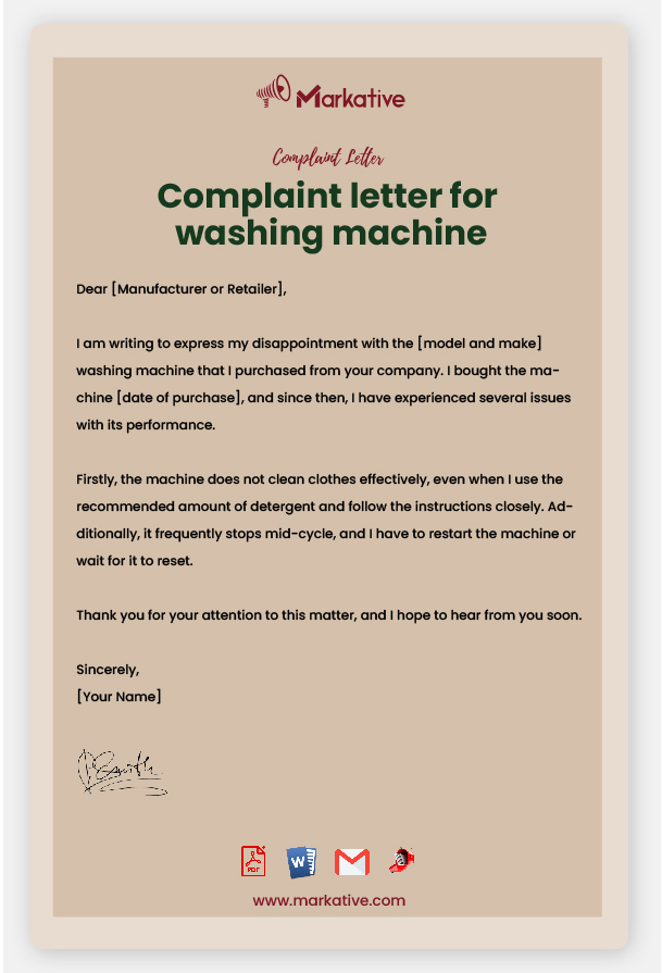 Example of Complaint Letter for Washing Machine