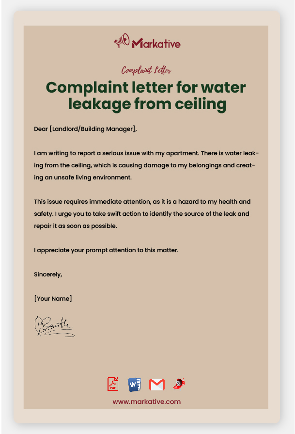 Example of Complaint Letter for Water Leakage From Ceiling
