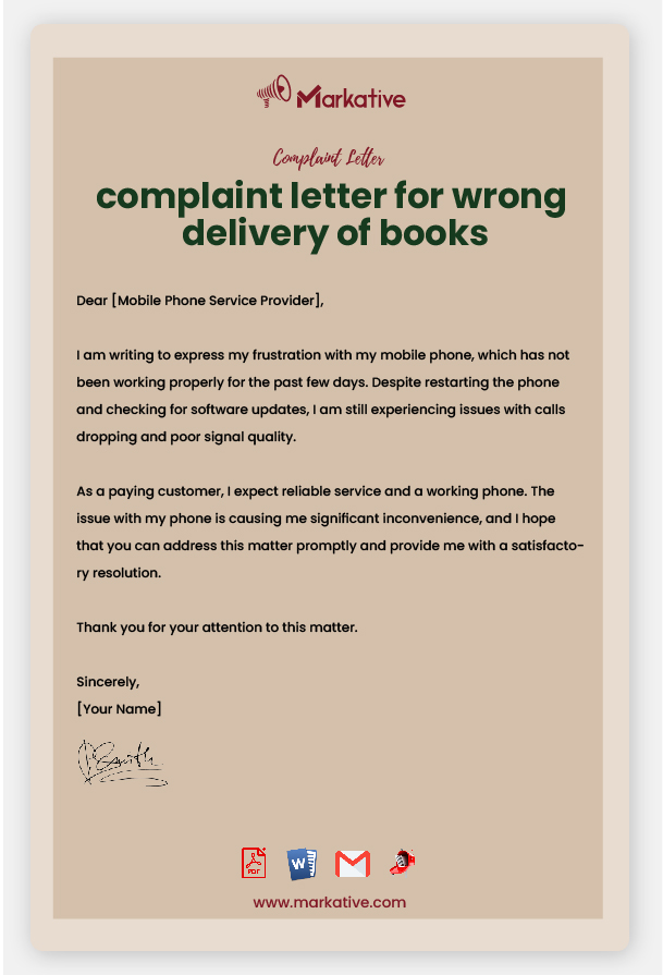 Example of Complaint Letter for Wrong Delivery of Books