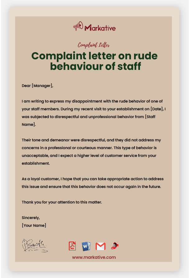 Example of Complaint Letter on Rude Behaviour of Staff