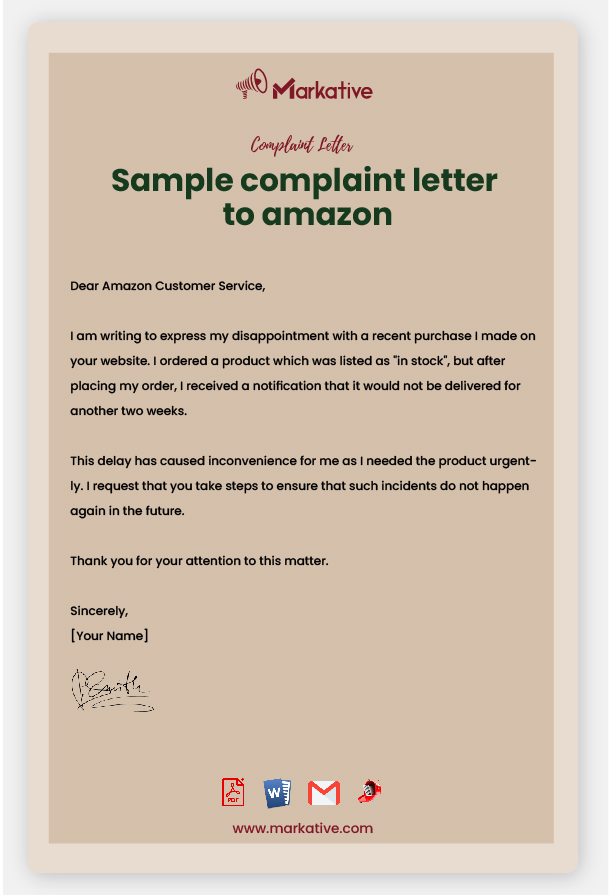 Example of Complaint Letter to Amazon