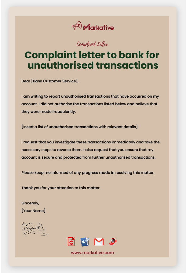 Example of Complaint Letter to Bank for Unauthorised Transactions