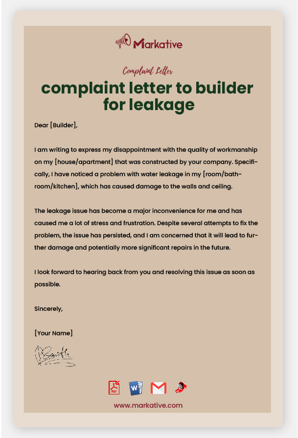 Example of Complaint Letter to Builder For Leakage