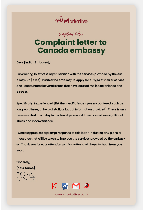 Example of Complaint Letter to Canada Embassy