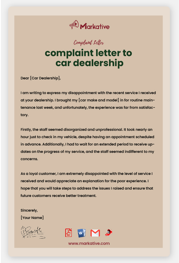Example of Complaint Letter to Car Dealership