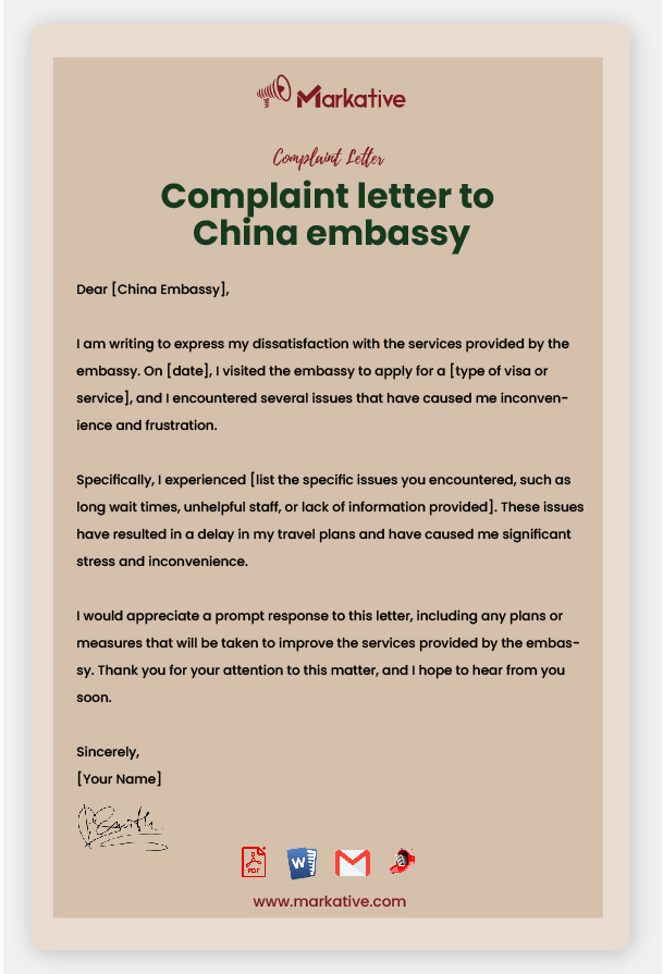 Example of Complaint Letter to China Embassy
