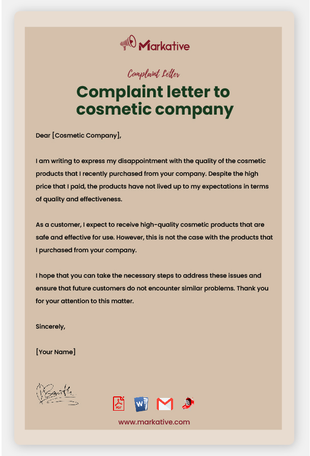 Example of Complaint Letter to Cosmetic Company