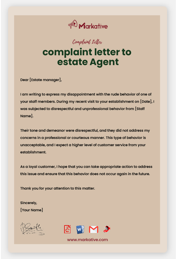 Example of Complaint Letter to Estate Agent