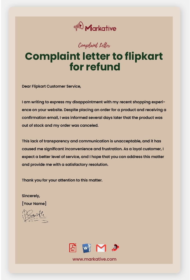 Example of Complaint Letter to Flipkart
