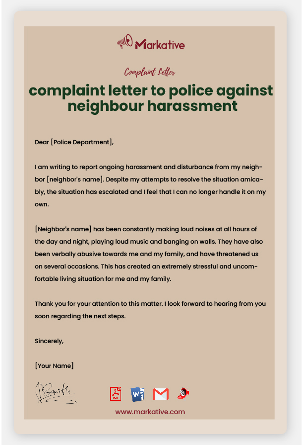 Example of Complaint Letter to Police Against Neighbour Harassment