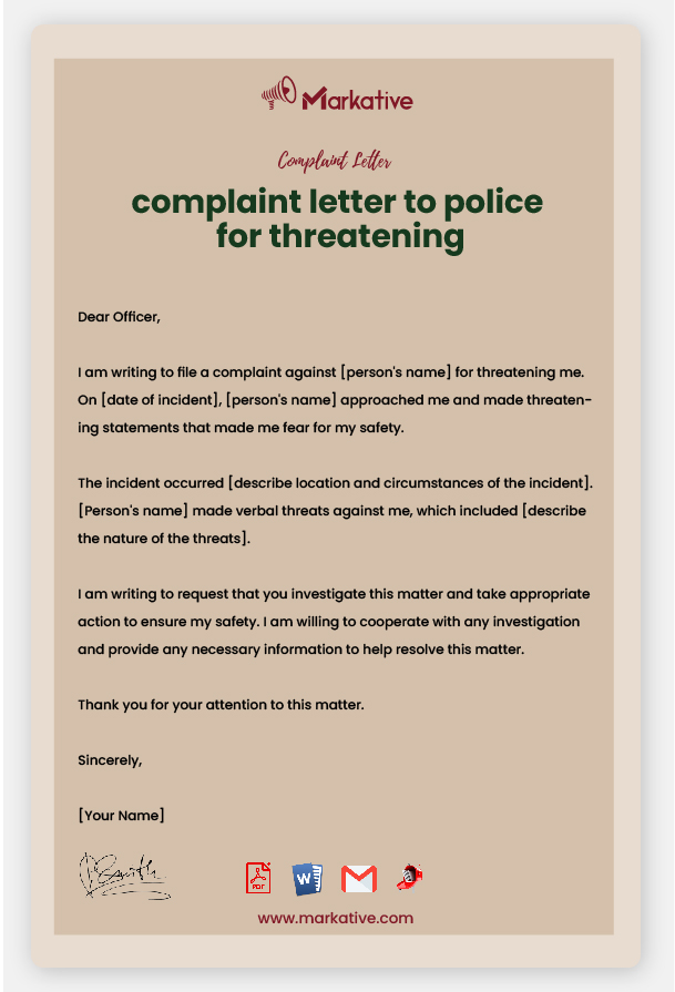 Example of Complaint Letter to Police for Threatening