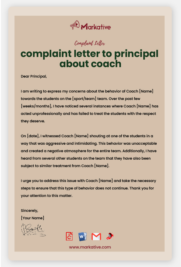Example of Complaint Letter to Principal About Coach