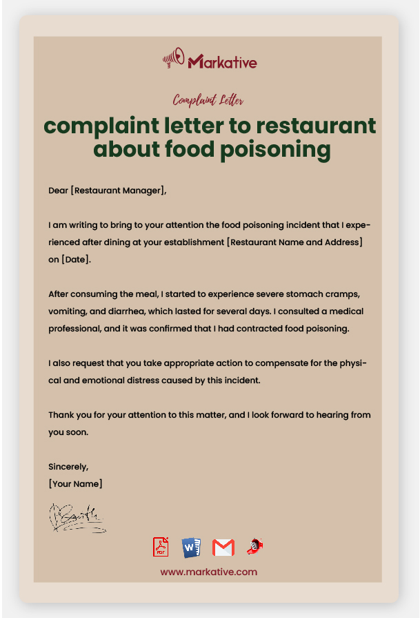 Example of Complaint Letter to Restaurant About Food Poisoning