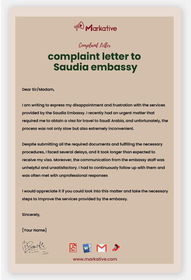 Example of Complaint Letter to Saudia Embassy