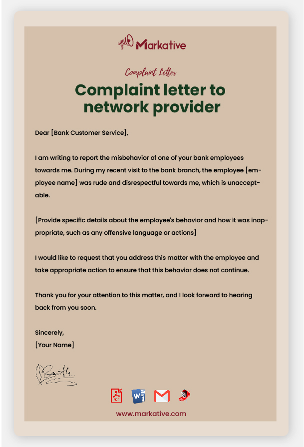 Example of Complaint Letter to Service Provider