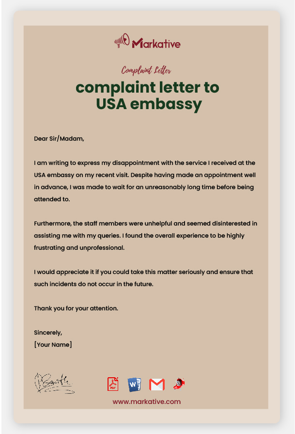 Example of Complaint Letter to USA Embassy