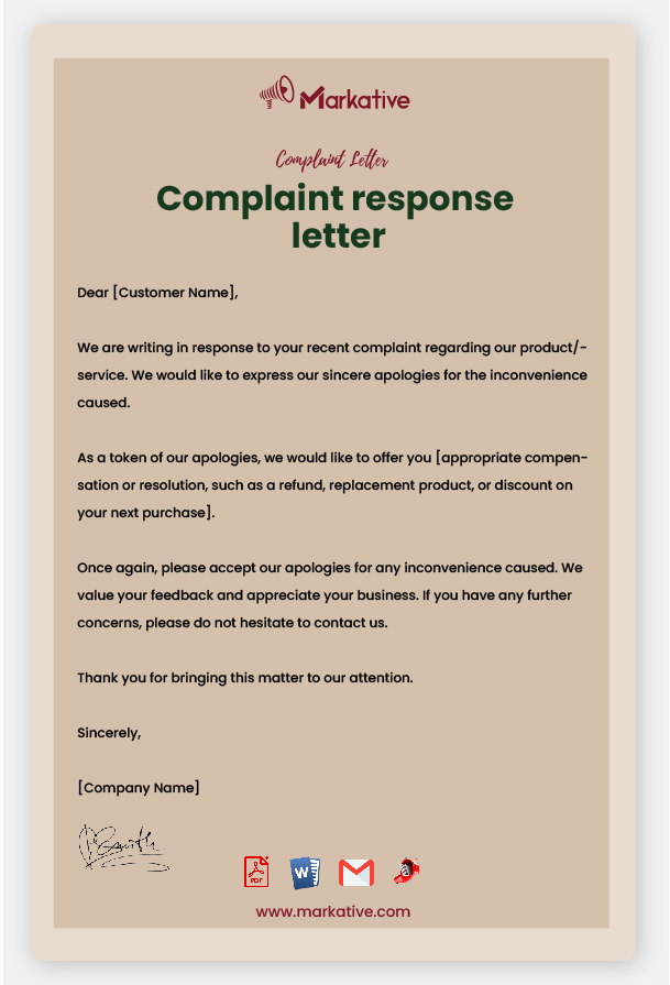 Example of Complaint Response Letter