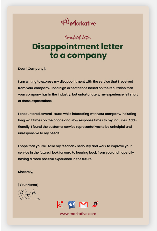 Example of Disappointment Letter to a Company