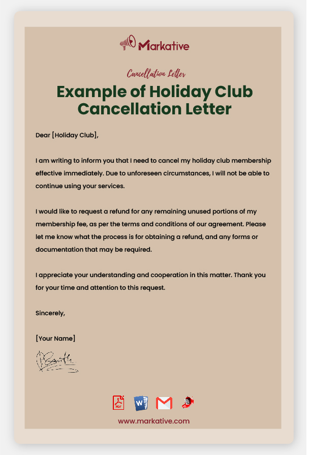 Example of Holiday Club Cancellation Letter
