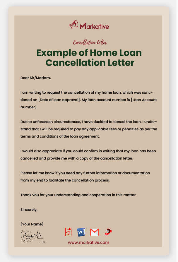 Example of Home Loan Cancellation Letter